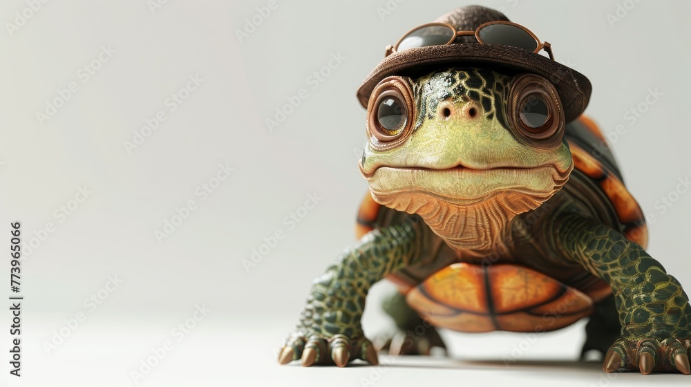 Poster a turtle wearing a hat and sunglasses. the turtle is smiling and looking at the camera. the image ha