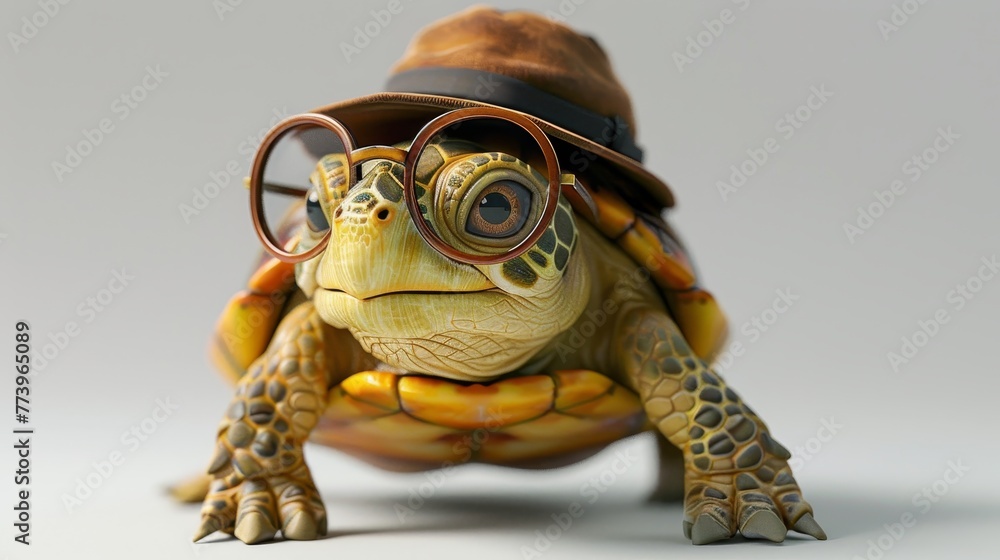 Poster a turtle wearing glasses and a hat. the turtle is looking at the camera. the image has a playful and