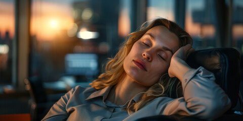 Geschäftsfrau macht Überstunden und schläft vor erschöpfung im Büro ein - obrazy, fototapety, plakaty