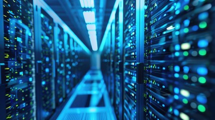 Fototapeta premium Shot of Corridor in Working Data Center Full of Rack Servers and Supercomputers with High Internet Visualisation Projection.