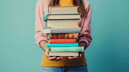Woman hands holding pile of books over light blue background. Education. Generative Ai