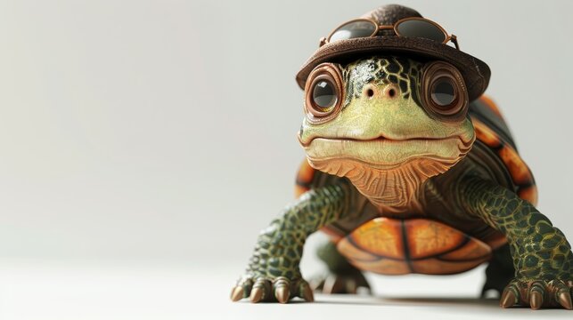 A turtle wearing a hat and sunglasses. The turtle is smiling and looking at the camera. The image has a playful and lighthearted mood, as the turtle is dressed up in a hat and sunglasses