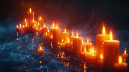 Fototapeta premium A long line of lit candles on a body of water