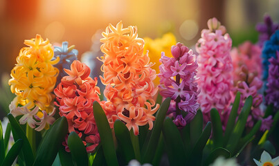 hyacinths in the sun litght. Easter spring background, Generative AI 