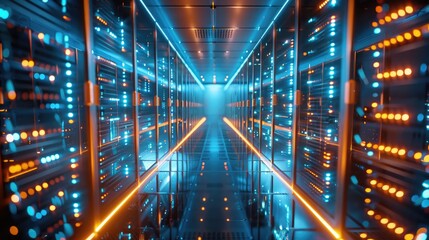 Shot of Corridor in Working Data Center Full of Rack Servers and Supercomputers with High Internet Visualisation Projection.