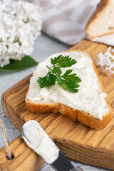 Fototapeta na wymiar Cream cheese with herbs and seasoning on slice of fresh crunchy rye bread with cheese knife nearby