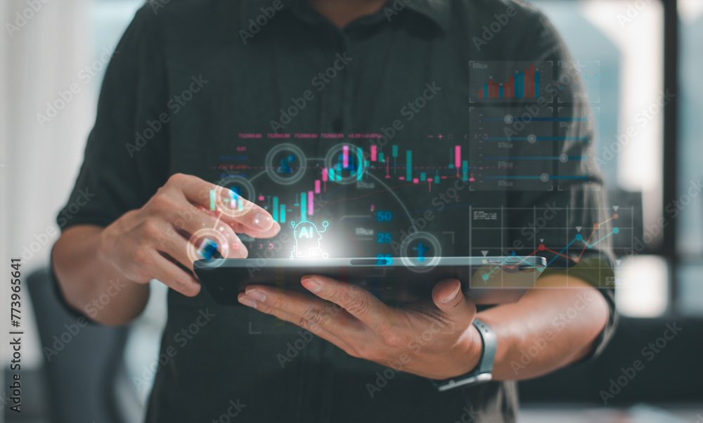 Poster a person interacting with advanced artificial intelligence and analytics on a futuristic transparent