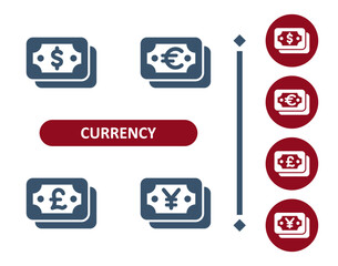 Currency icons. Dollar, euro, pound, pound sterling, yen, yuan, bill, banknote, cash, money icon