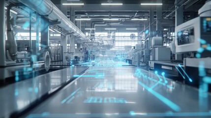 Obraz premium a modern factory hall with digital technologies, blue and white colors, in the foreground a holographic projection of production lines displaying data on machines and materials