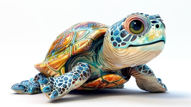 A turtle with a bright blue shell and orange markings. The turtle is smiling and has a bright yellow eye