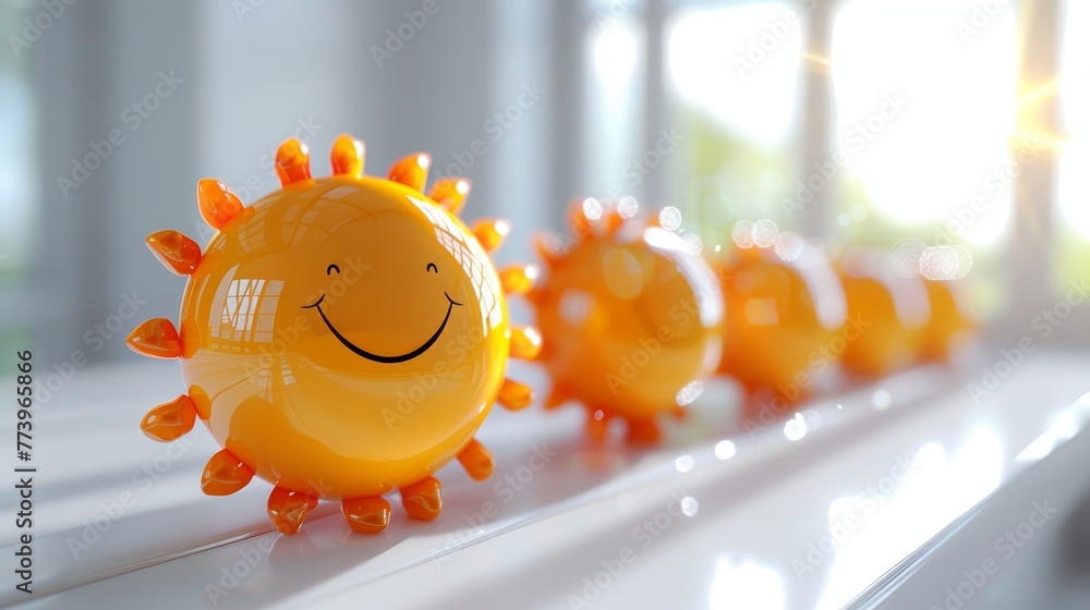 Aufkleber a group of orange suns with smiling faces are lined up on a white surface. the image conveys a cheer