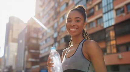 A beautiful young African-American woman in sports clothes smiles, holding up a bottle of water after a workout on the street, against the background of sun-drenched buildings - obrazy, fototapety, plakaty