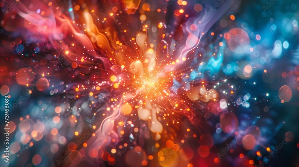 Poster a colorful explosion of light and fire with a blue background. the bright colors and the way they ar