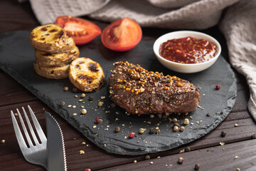 Roasted pork steak on black stone board over dark background. With tomato, sauce and fried potato