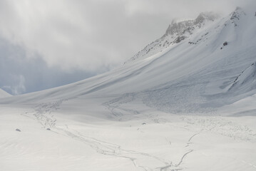Aerial drone view of Gudauri ski resort in winter. Caucasus mountains in Georgia.  Kudebi, Bidara,...