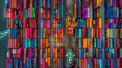 Naklejka premium A colorful image of a busy harbor with a large green ship and many colorful containers. Scene is lively and bustling, with the ships and containers all moving and interacting with each other