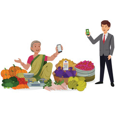 Indian Old woman Vegetable Vendor, selling vegetables using UPI