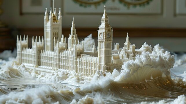 A large white building is surrounded by a wave of water. The building is a replica of the Palace of Westminster in London. The scene is serene and peaceful, with the building standing tall