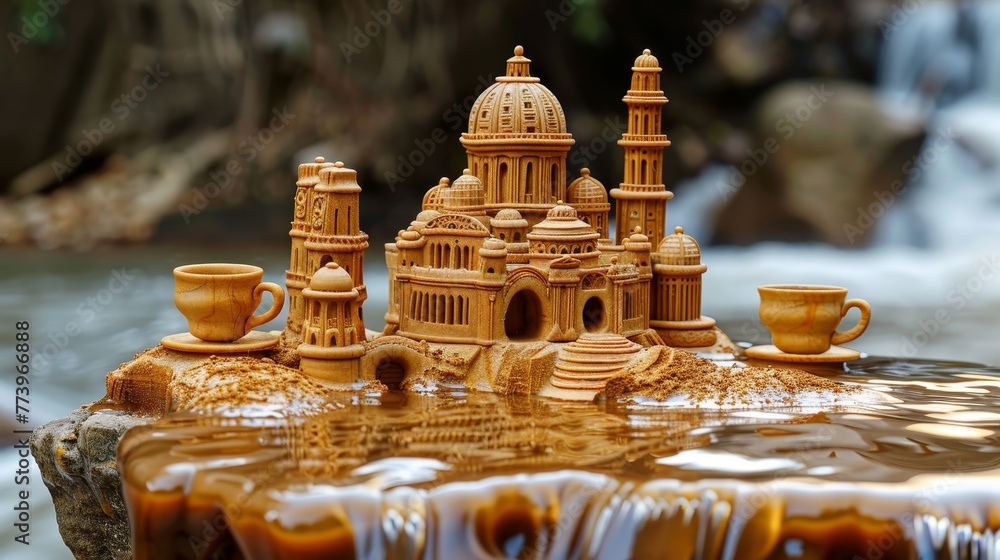 Poster a sand castle is built on a table with two cups on top of it. the castle is made of sand and has a u