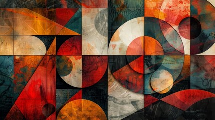 A colorful abstract painting with a lot of different shapes and colors. The painting is made up of many different pieces, including circles, squares, and triangles