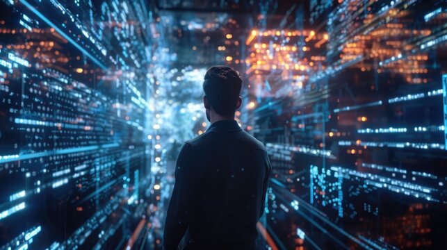 Technician holding digital tablet while examining server in server room