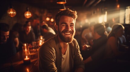 Happy man with a beard laughing and having a great time in a cozy bar atmosphere - obrazy, fototapety, plakaty