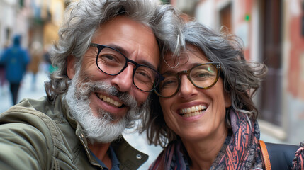 Couple of gray haired mature smiling people travel and taking selfie portrait on phone. Wonderful cheerful man and woman. Active retirees are enjoying life. A man with a gray beard and a woman, travel - obrazy, fototapety, plakaty