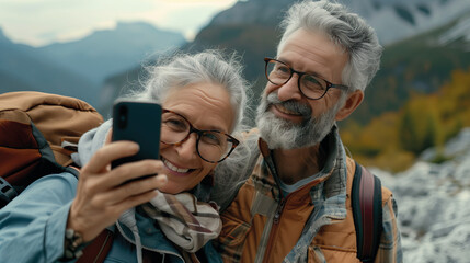 Couple of gray haired mature smiling people travel and taking selfie portrait on phone. Wonderful cheerful man and woman. Active retirees are enjoying life. A man with a gray beard and a woman, travel