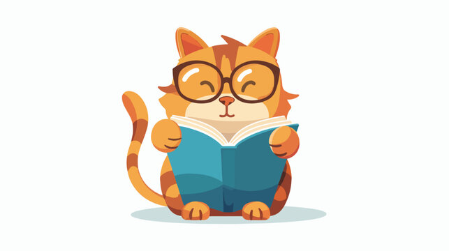 Cute Cartoon cat cartoon reading a book flat vector 