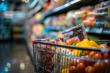 A shopping cart filled with various grocery items in a supermarket aisle, depicting a typical shopping experience - obrazy, fototapety, plakaty