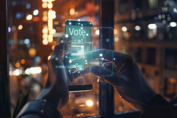  Concept of Online voting, Hand with a hologram ballot and a box for Internet voting in a mobile phone.