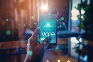  Concept of Online voting, Hand with a hologram ballot and a box for Internet voting in a mobile phone.
