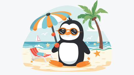 Cute cartoon penguin in summer holiday flat vector 