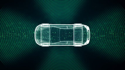 Advanced motion graphics illustrate an autonomous vehicle equipped with self-awareness and comprehensive environmental sensing, capable of operating independently without human involvement