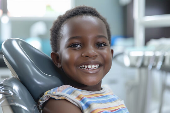 Happy afro kid on regular check up of teeth in dental clinic 