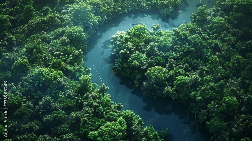 Poster a lush green forest with a river running through it. the river is surrounded by trees and the water 
