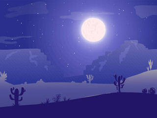 Night in the Desert panoramic view with dunes, fool moon, stars, tumbleweed and cactus. Poster template with desert night landscape, place for text. Design element for banner, invitation, flyer, card