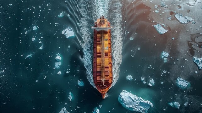 A large ship is sailing through a sea of ice. The ship is surrounded by a lot of ice, and the water is choppy. The scene is both beautiful and dangerous