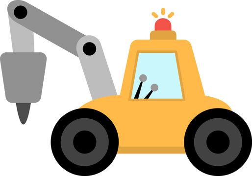 yellow construction vehicle with drill, cartoon style