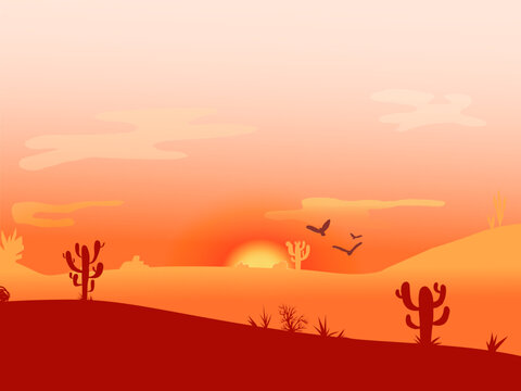 Sunset in the Desert panoramic view with dunes and cactus. Wild west Sunrise postcard. Poster template with desert landscape, place for text. Design element for banner, invitation, flyer, card.