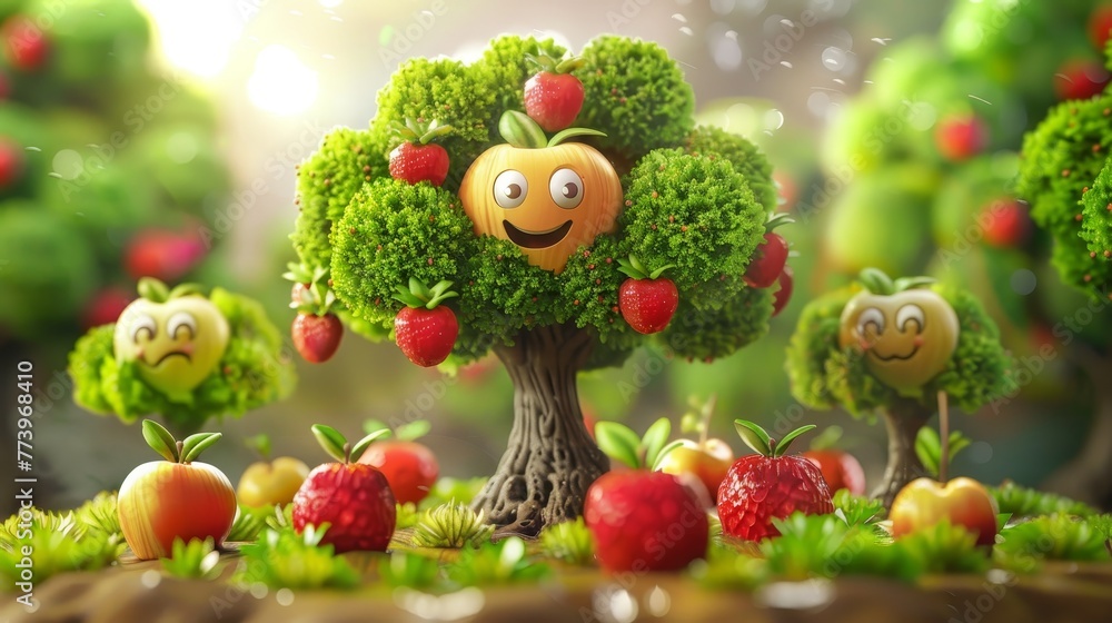 Poster a tree with a smiling face and apples and strawberries growing on it. the tree is surrounded by othe