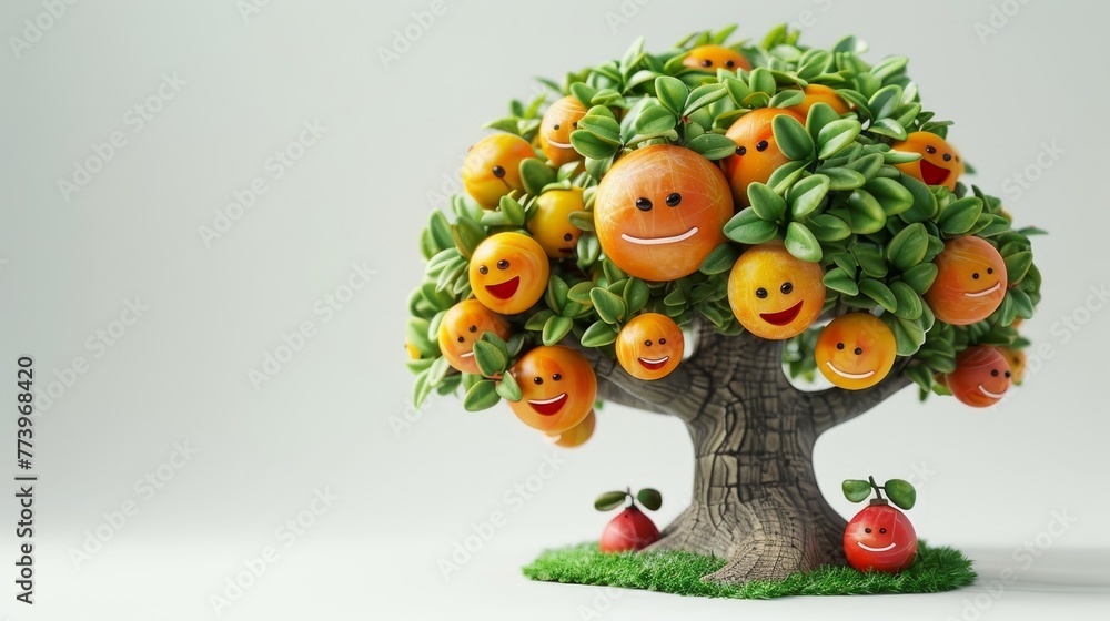 Poster a tree with many oranges and a smiling face