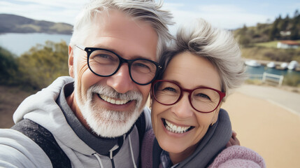 Couple of gray haired mature smiling people travel and taking selfie portrait on phone. Wonderful cheerful man and woman. Active retirees are enjoying life. A man with a gray beard and a woman, travel - obrazy, fototapety, plakaty