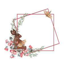 Vintage frame hand drawn with watercolor flowers, hare, green plants and butterfly with gold texture.