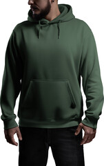 Green hoodie mockup on a man with a beard, png, front view