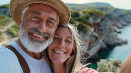 Couple of gray haired mature smiling people travel and taking selfie portrait on phone. Wonderful cheerful man and woman. Active retirees are enjoying life. A man with a gray beard and a woman, travel