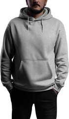 Gray heather hoodie mockup on a man with a beard, png, front view