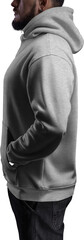 Gray heather hoodie mockup on a man with a beard, png, side view