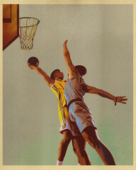 Poster. Contemporary art collage. Competitive basketball player make block technique to prevent...