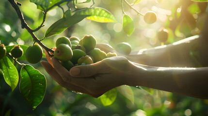 A hand gently picking monk fruit, known as Luo Han Guo, from a sunlit orchard, symbolizing health and natural sweetness. - obrazy, fototapety, plakaty